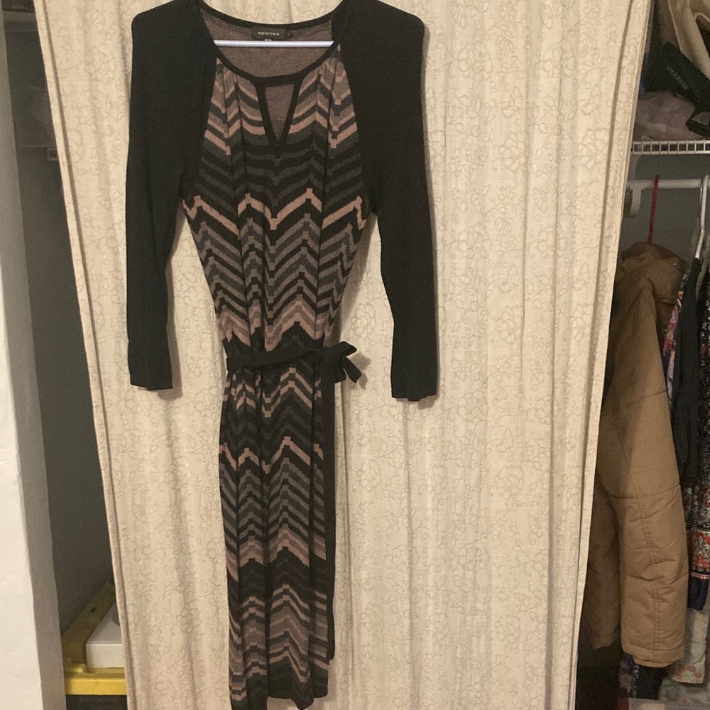 Spense Black and Tan Chevron Long Sleeve Dress